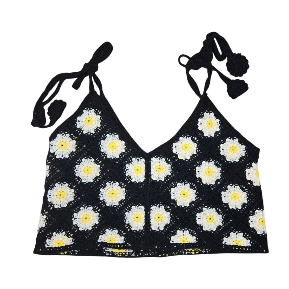 Crochet Tank Top Cropped Knit‎ Black Granny Square Floral Festival Hippie Small